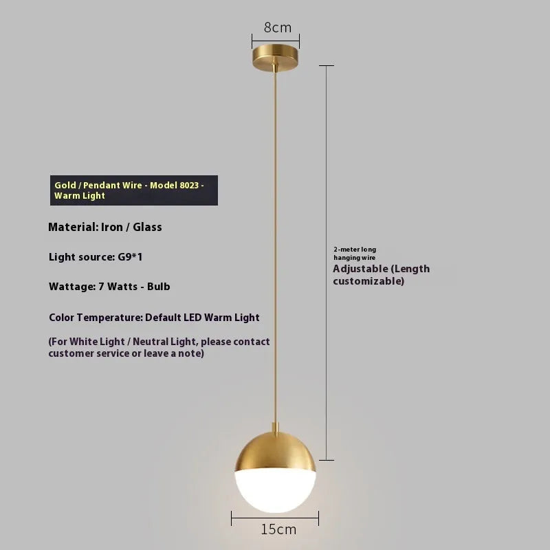 Nordic style hanging ceiling light with iron and glass build and 15cm gold hanging wire for bedroom or bedside use