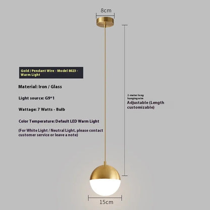 Nordic style hanging ceiling light with iron and glass build and 15cm gold hanging wire for bedroom or bedside use