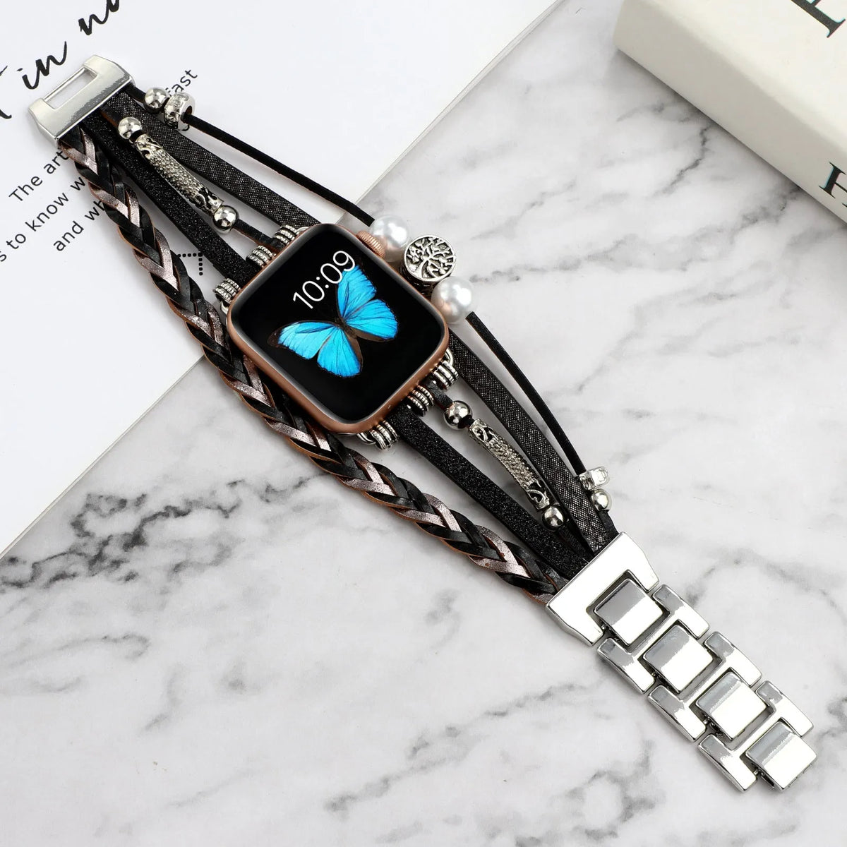 Vintage metal leather beaded watch strap for Apple Watch in 38mm to 45mm, shown in Silver, Beige, Black or Pink