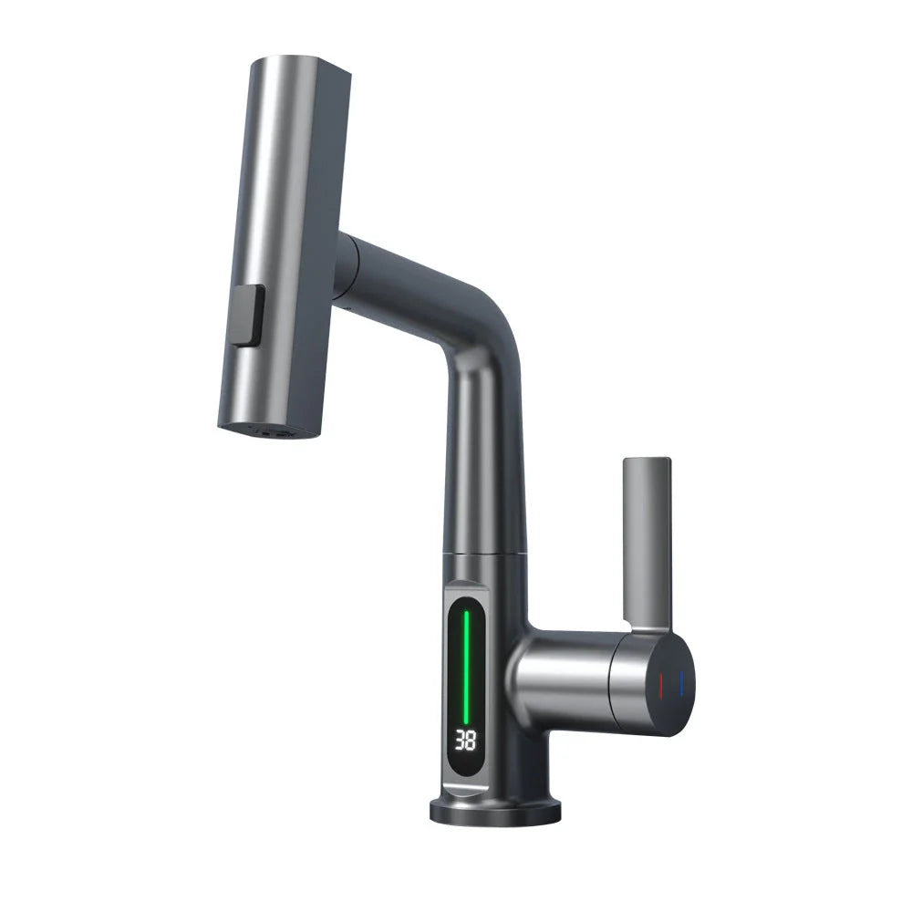 Sleek digital faucet with temperature display, 360° rotation, and pull-out hose for modern kitchen and bathroom needs