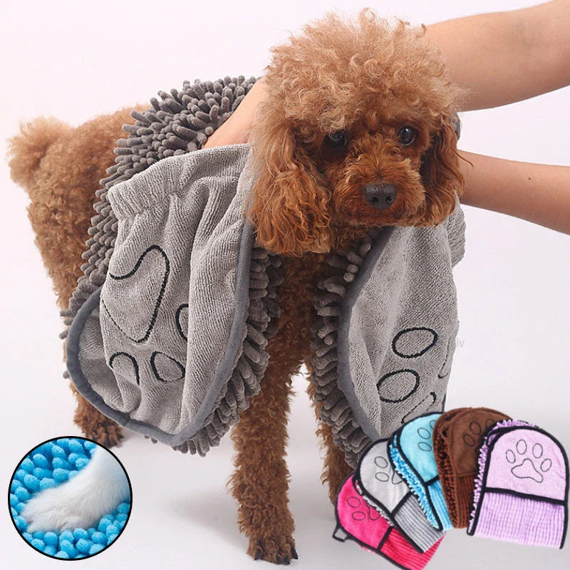 Premium pet towels made with super-absorbent chenille fibers for quick drying and convenient cleanup