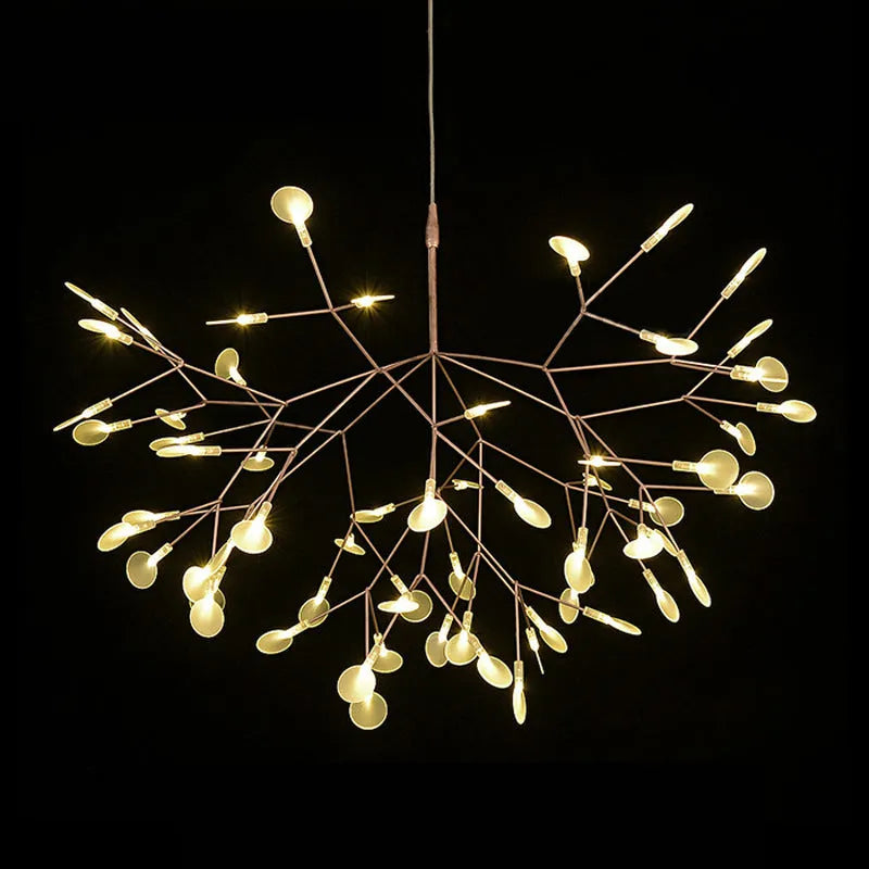 Nordic leafy branch chandelier in black or rose gold with 30 or 45 beads, for living room ceiling use