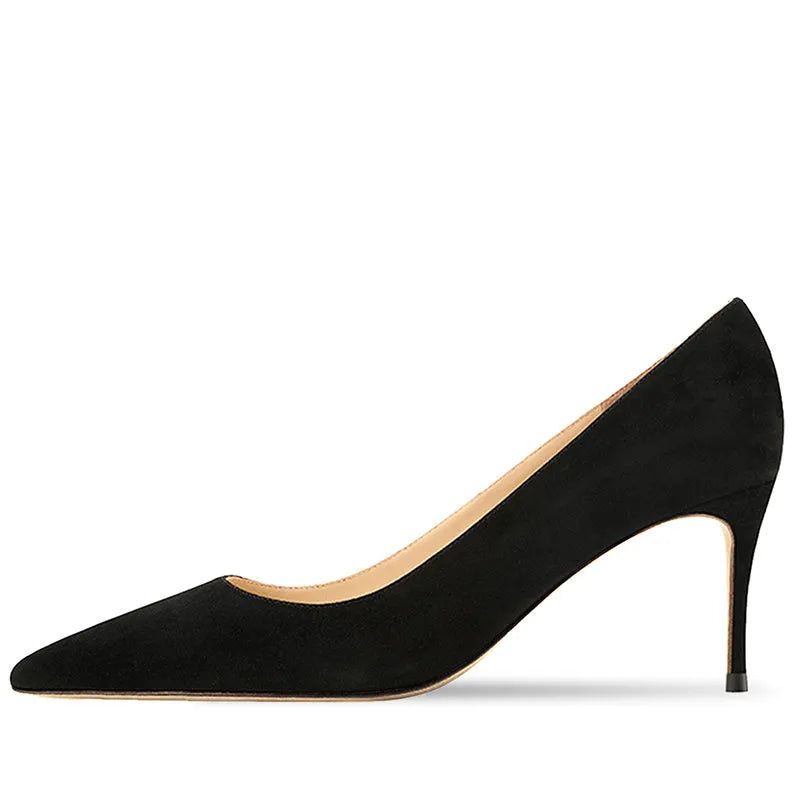 Women's black and nude pointed toe high heel slip-on pumps with soft sole.