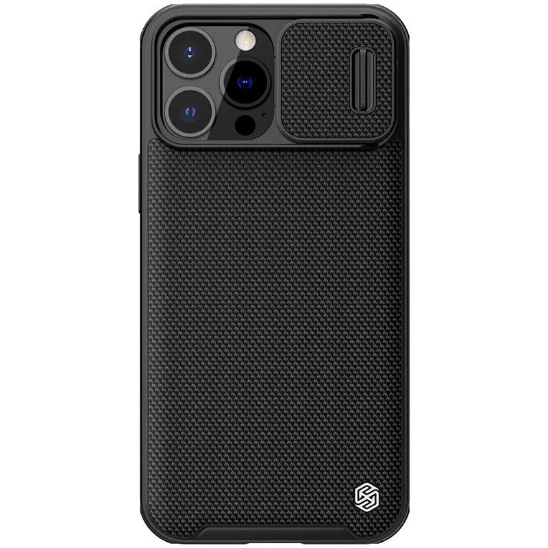 Black textured sliding protective phone case for iPhone 13 Pro Max on a table.