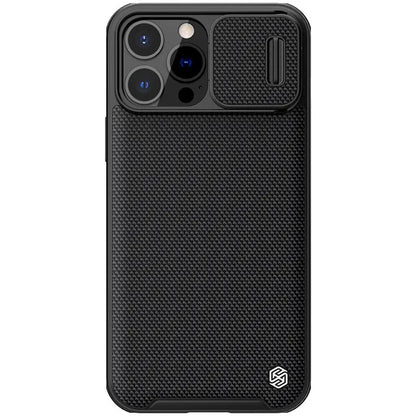 Black textured sliding protective phone case for iPhone 13 Pro Max on a table.