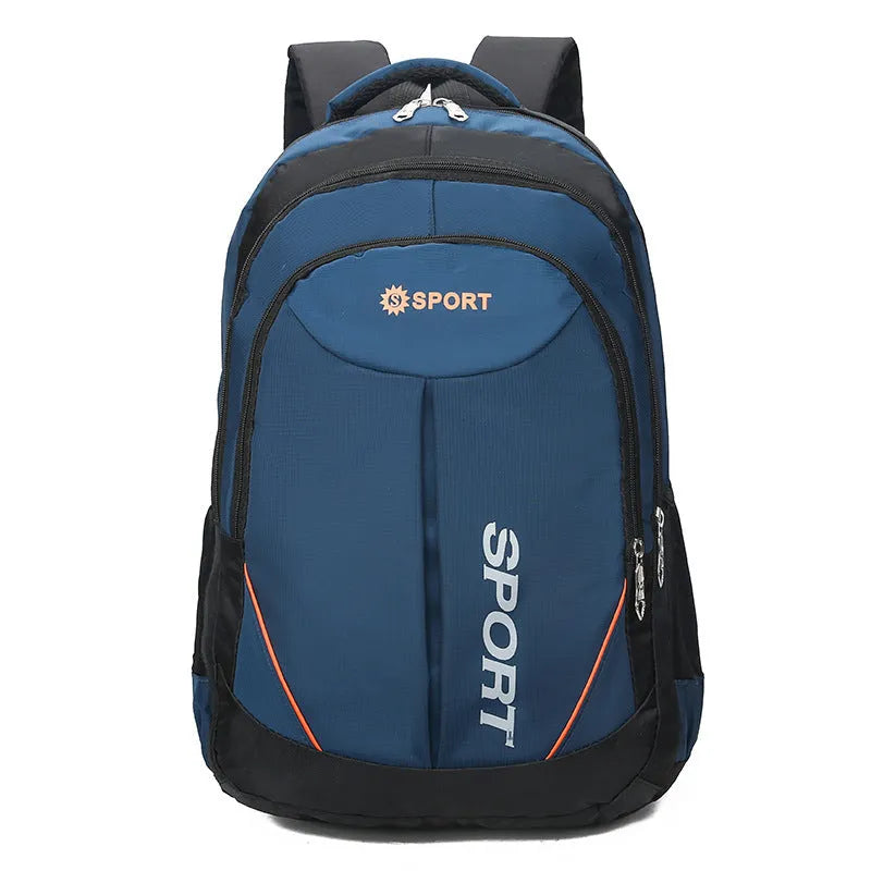 Large black nylon backpack with curved shoulder straps and letter detailing, shown from the side.