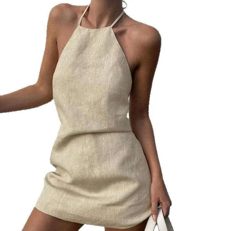 Women's solid colour cotton linen A-line summer dress in S M L sizes