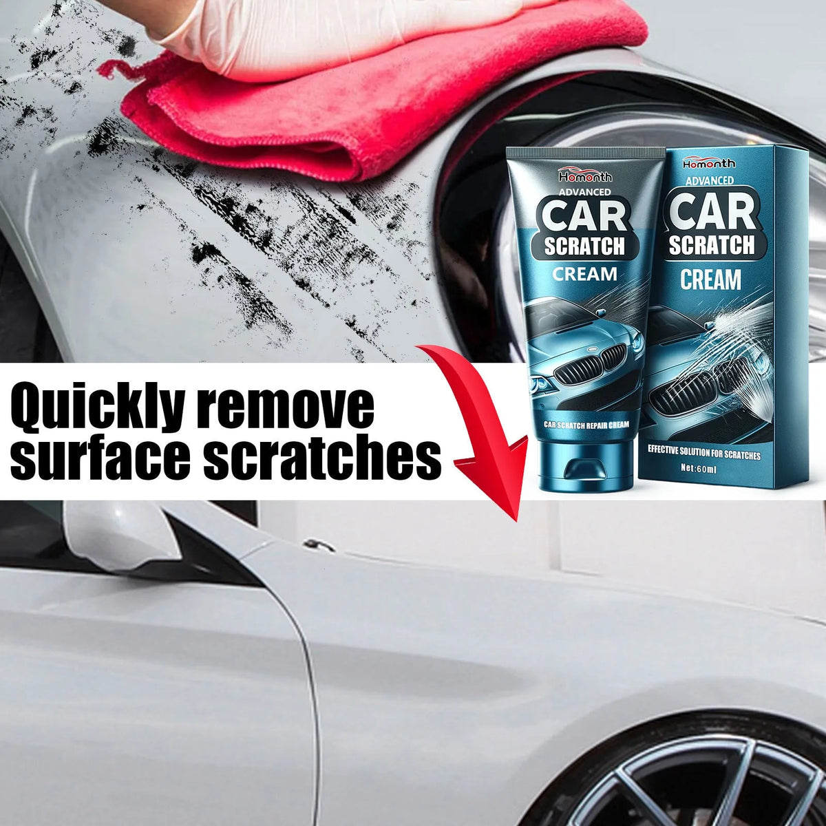 60ml car scratch repair cream tube and sponge applicator for paint scratch removal.