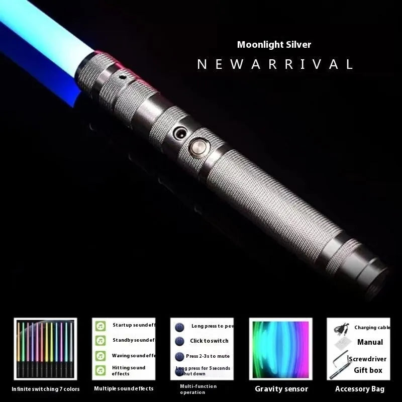 Metal rechargeable laser sword toy with gravity induction, 16 colour-changing lights, and 8 sound effects for children aged 7-14.