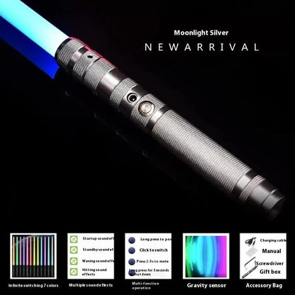 Metal rechargeable laser sword toy with gravity induction, 16 colour-changing lights, and 8 sound effects for children aged 7-14.