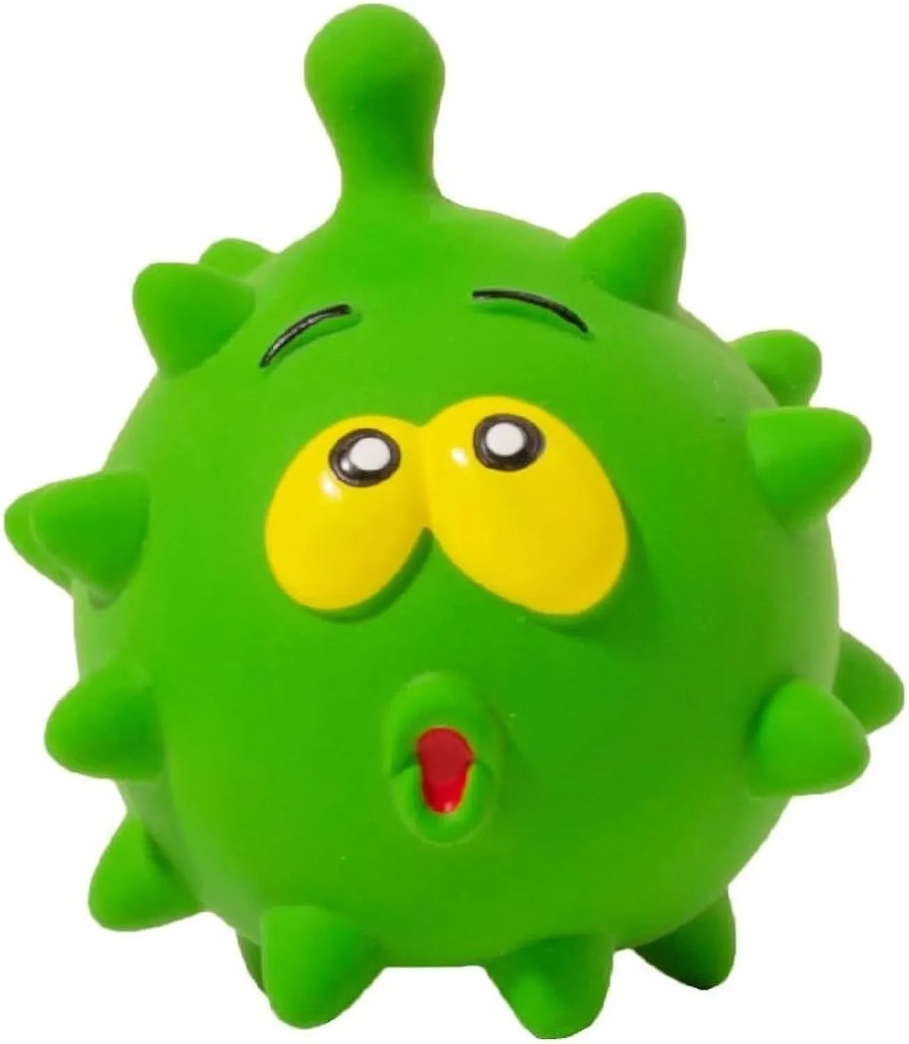 Four natural latex dog squeaky toys with bumpy surfaces and cute faces in blue, green, red, and yellow colours