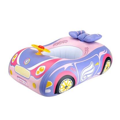 Pink inflatable swimming ring for children with a cartoon car steering wheel design.