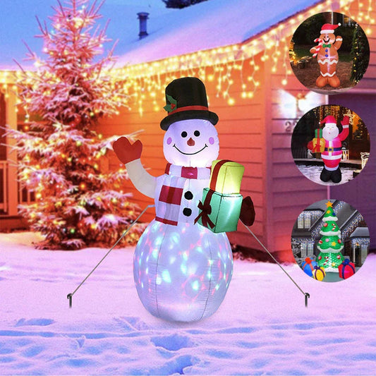 Glowing Christmas inflatables with Santa, snowman, Christmas tree, and gingerbread man designs