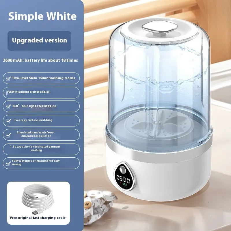 White portable USB-powered mini washing machine showing 13.5cm width and compact design