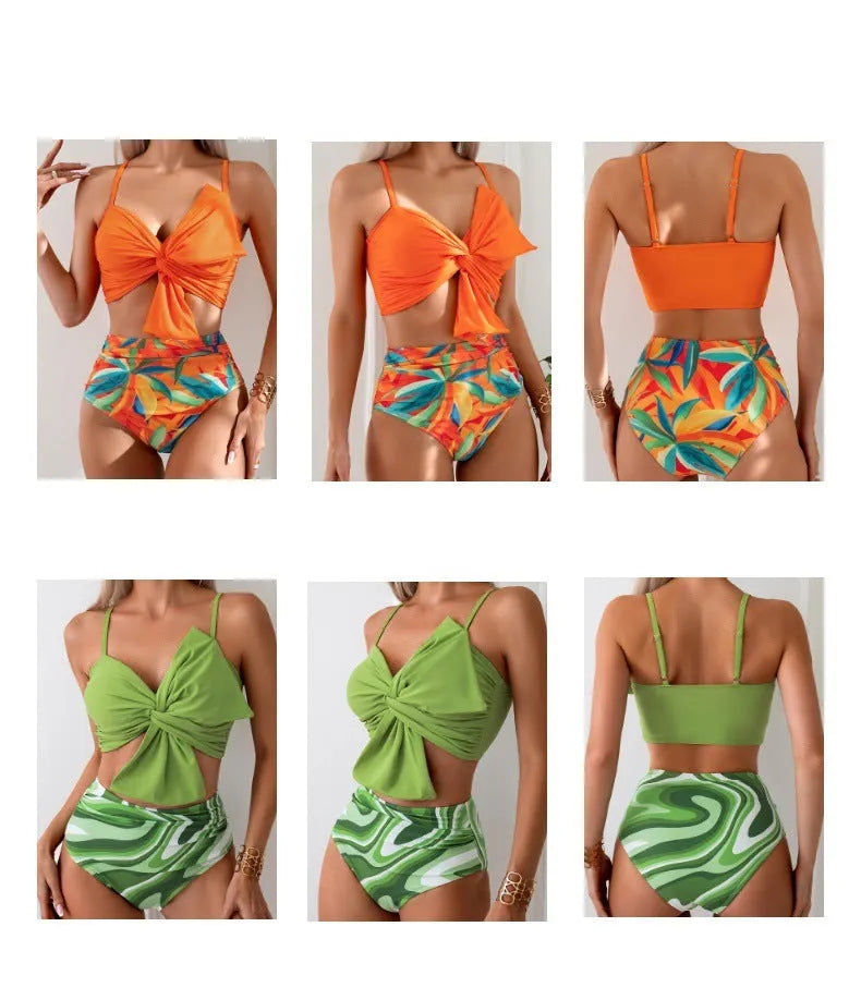 Women's big bow print bikini swim trunks set in nylon fabric available in multiple colours