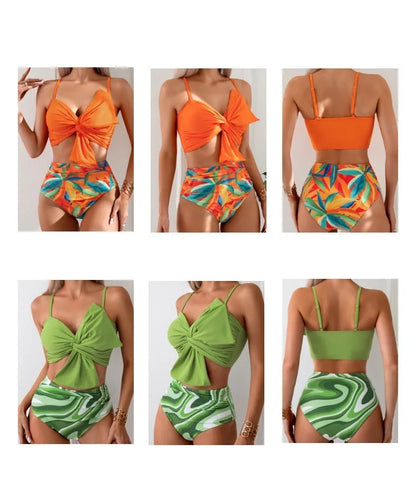 Women's big bow print bikini swim trunks set in nylon fabric available in multiple colours