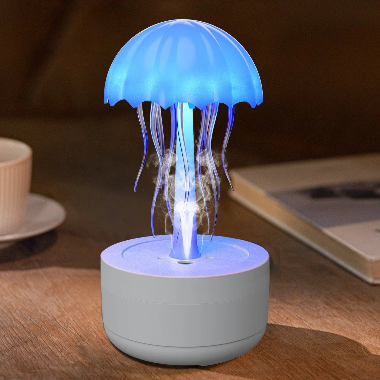 A white jellyfish-inspired humidifier and aromatherapy diffuser with a colorful night light and mist feature