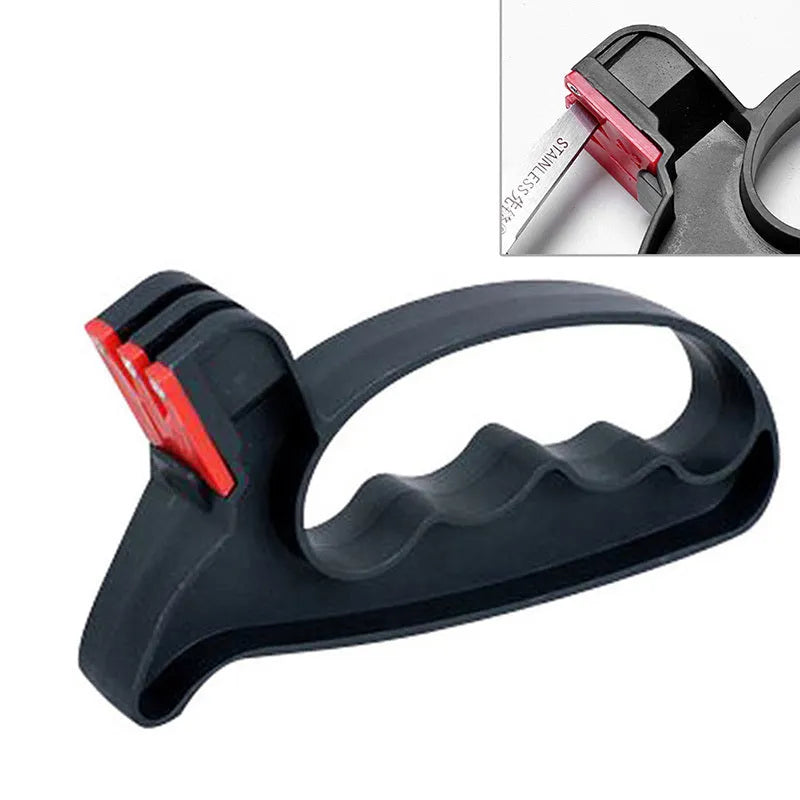 Black handheld knife and scissor sharpener with ergonomic grip, showing tungsten steel grindstone slot.