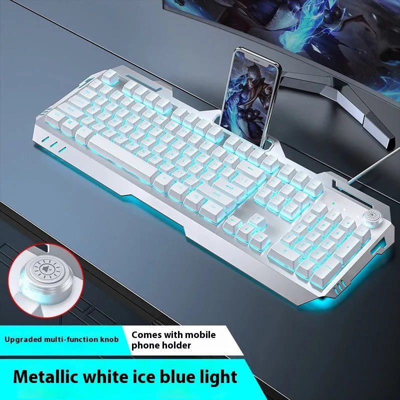 Aluminium alloy mechanical gaming keyboard with rainbow lighting, shown with a macro mouse and gaming headset.