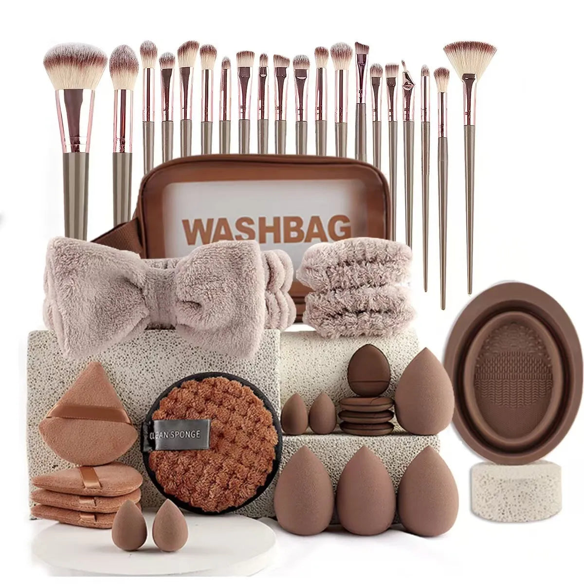 Beauty tool set with hydrophilic non-latex tools for facial cleansing and makeup application in various colours