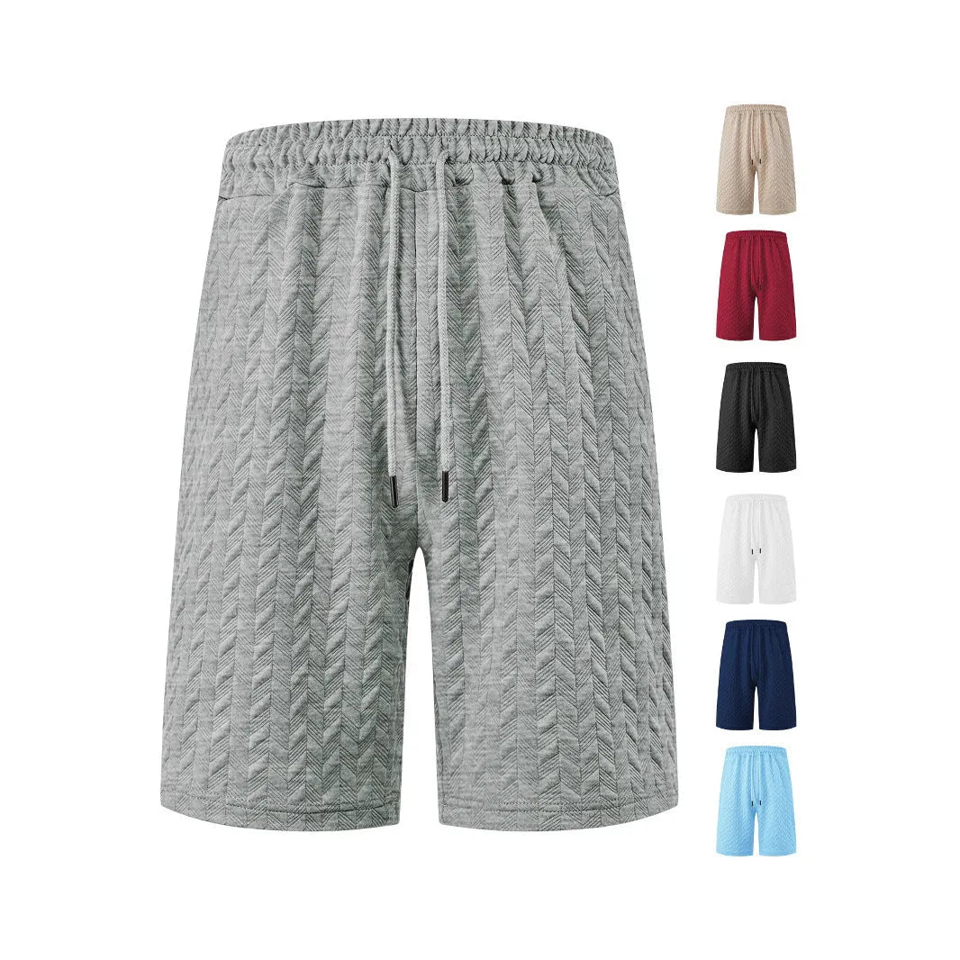 Men's loose jacquard drawstring casual beach pants in polyester, shorts length, available in seven colours and sizes S to 3XL