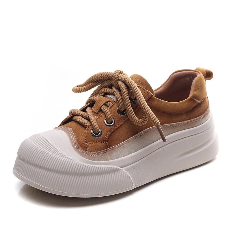 Women's yellow and brown cow leather lace-up casual shoes with round toe