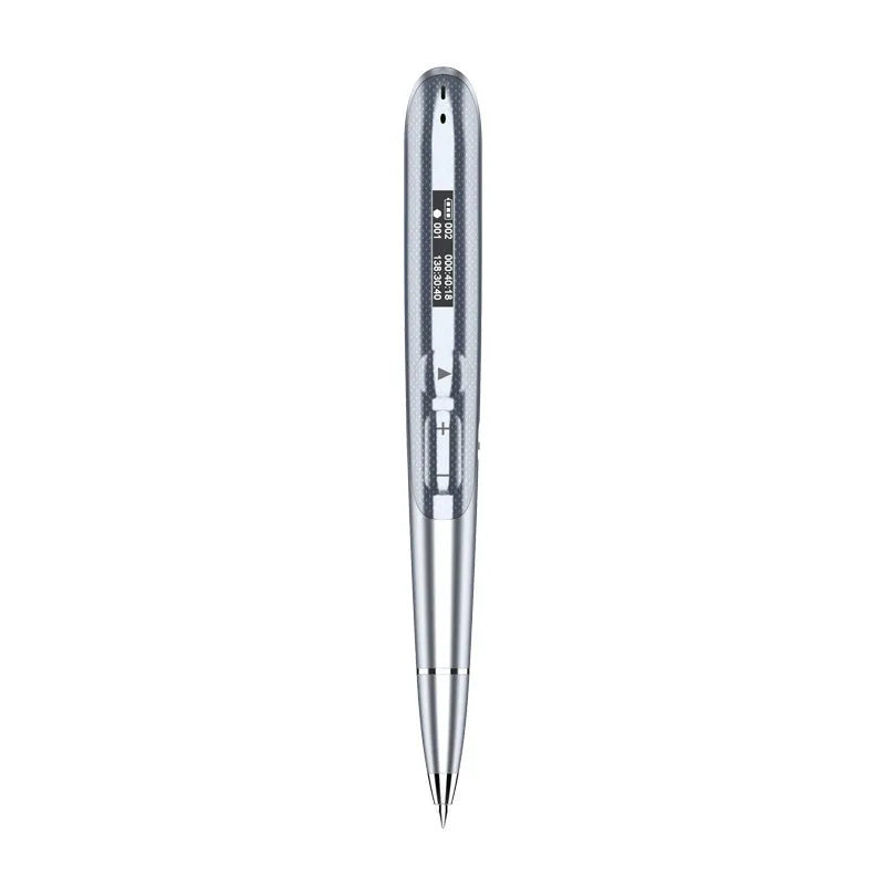 Black lossless audio recording pen with OLED display screen on a desk next to headphones.