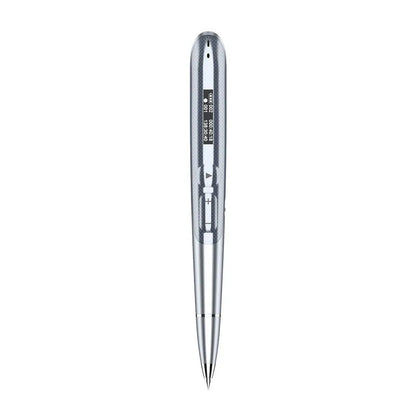 Black lossless audio recording pen with OLED display screen on a desk next to headphones.