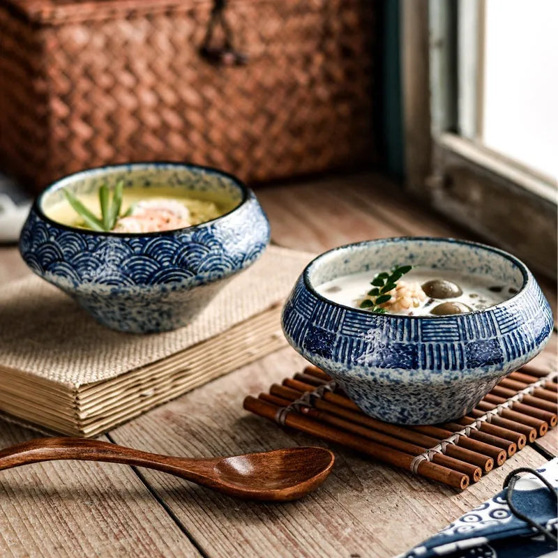 Ceramic tall bowl with Edo pattern, 15cm height, microwave-safe porcelain for soups and noodles