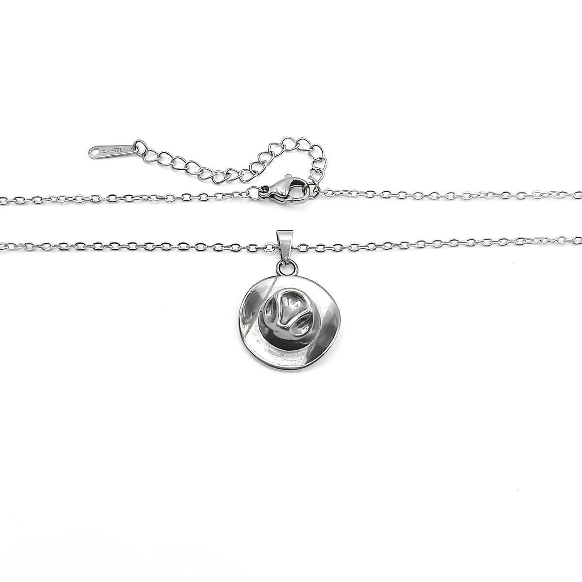 Cowboy hat punk pendant necklace on O-ring chain, 18K gold plated option, steel gold rose gold colours