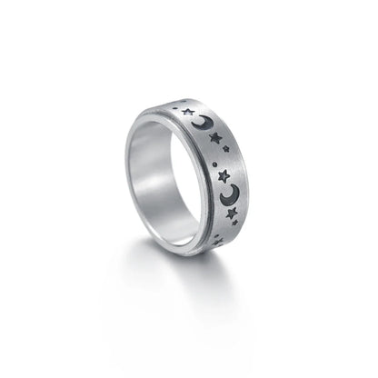 Titanium steel ring with intricate star and moon designs, available in various sizes and colors