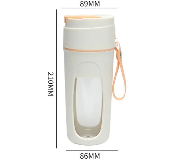USB rechargeable portable blender cup with borosilicate glass liner in fresh orange, grass green, and light purple colours.