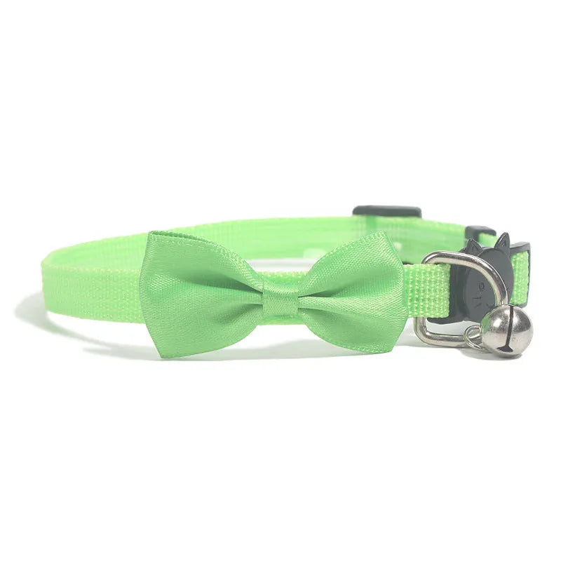 Adjustable nylon cat collar with bell decoration in striped pattern, multiple colour options available