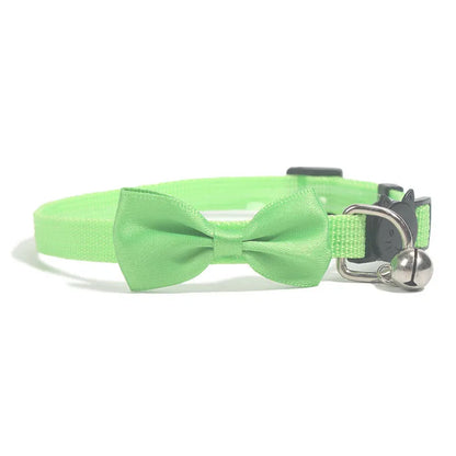 Adjustable nylon cat collar with bell decoration in striped pattern, multiple colour options available