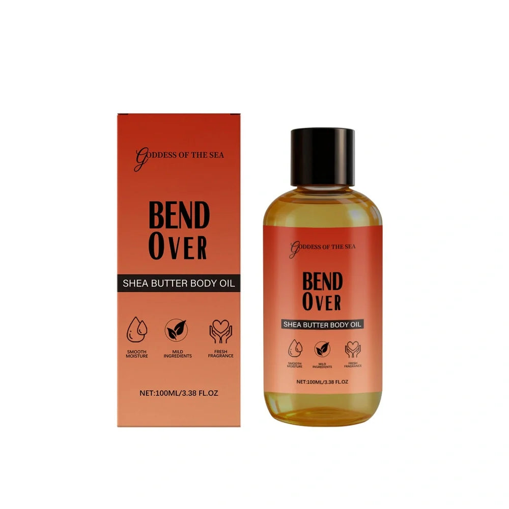Shea Butter Body Oil bottle with natural ingredients label showing jasmine extract