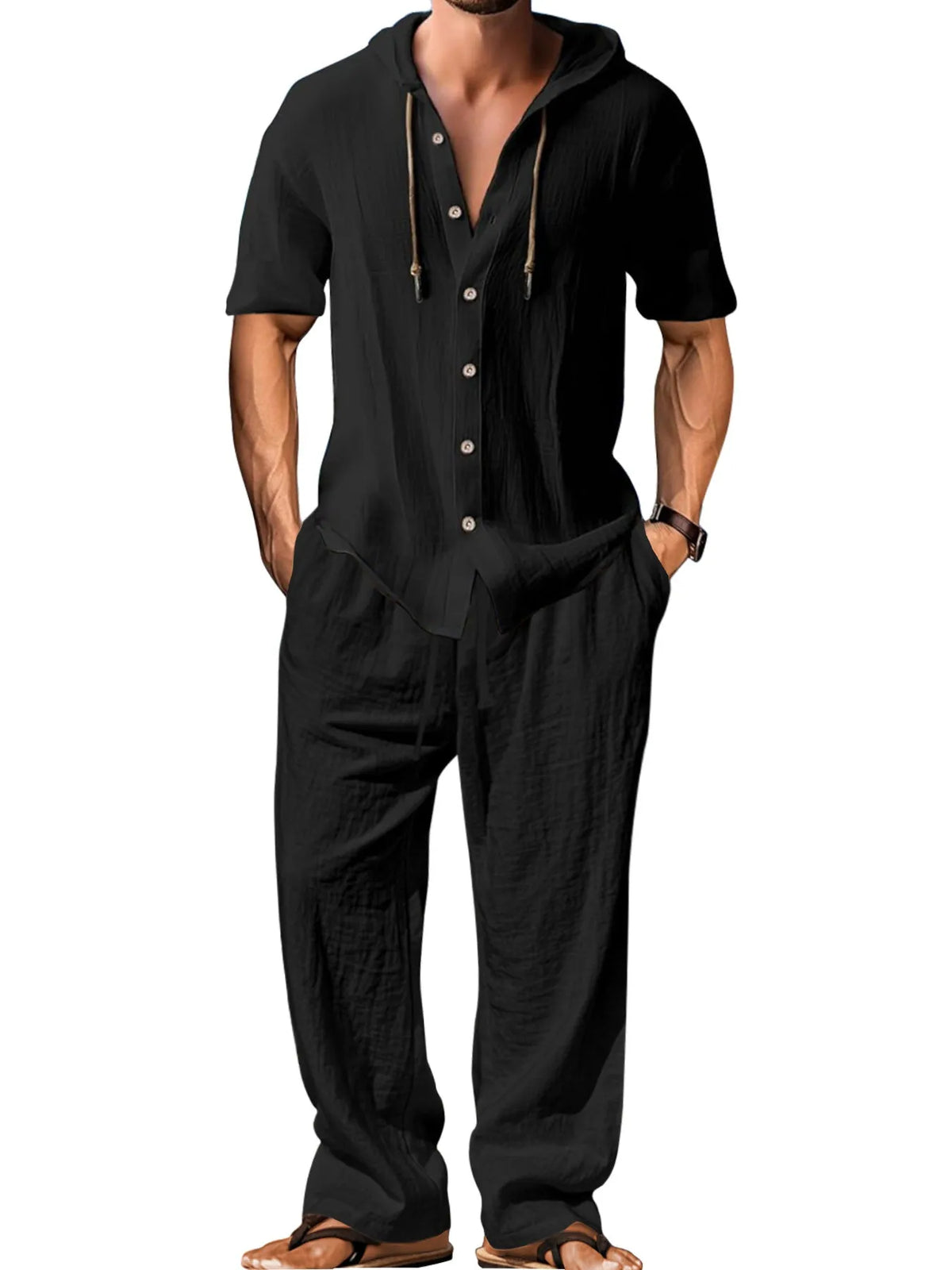 Men's white cotton sports leisure suit with long sleeves and matching trousers shown as complete two-piece set