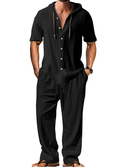 Men's white cotton sports leisure suit with long sleeves and matching trousers shown as complete two-piece set