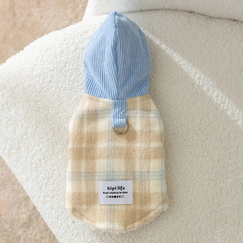 Blue corduroy chessboard grid pet hooded vest with traction hood for dog