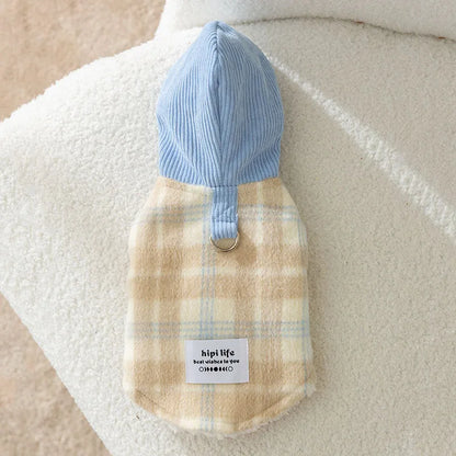 Blue corduroy chessboard grid pet hooded vest with traction hood for dog