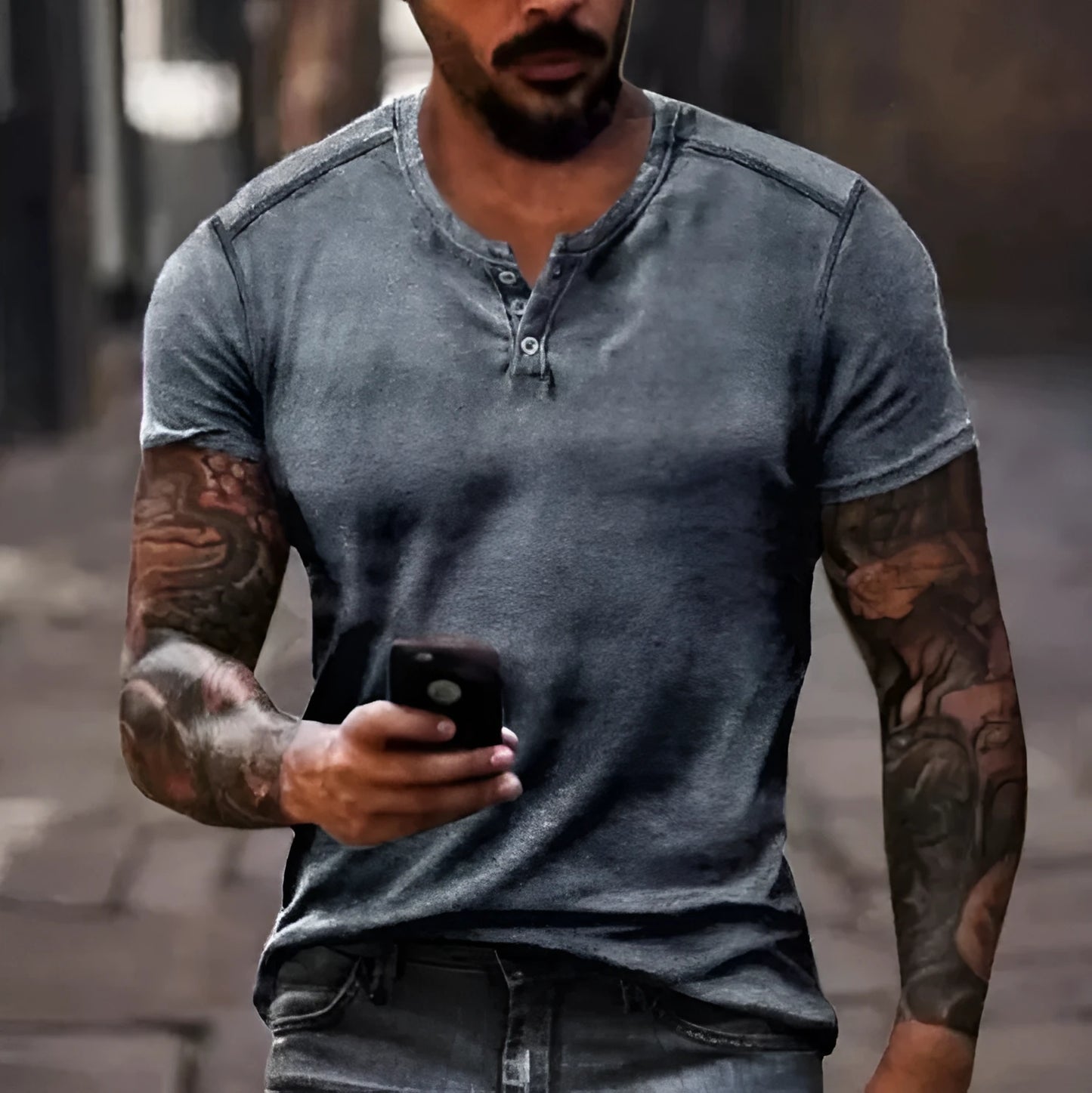 Men's simple lapel button short sleeve sport shirt in polyester bird eye cloth, shown in a neutral colour.
