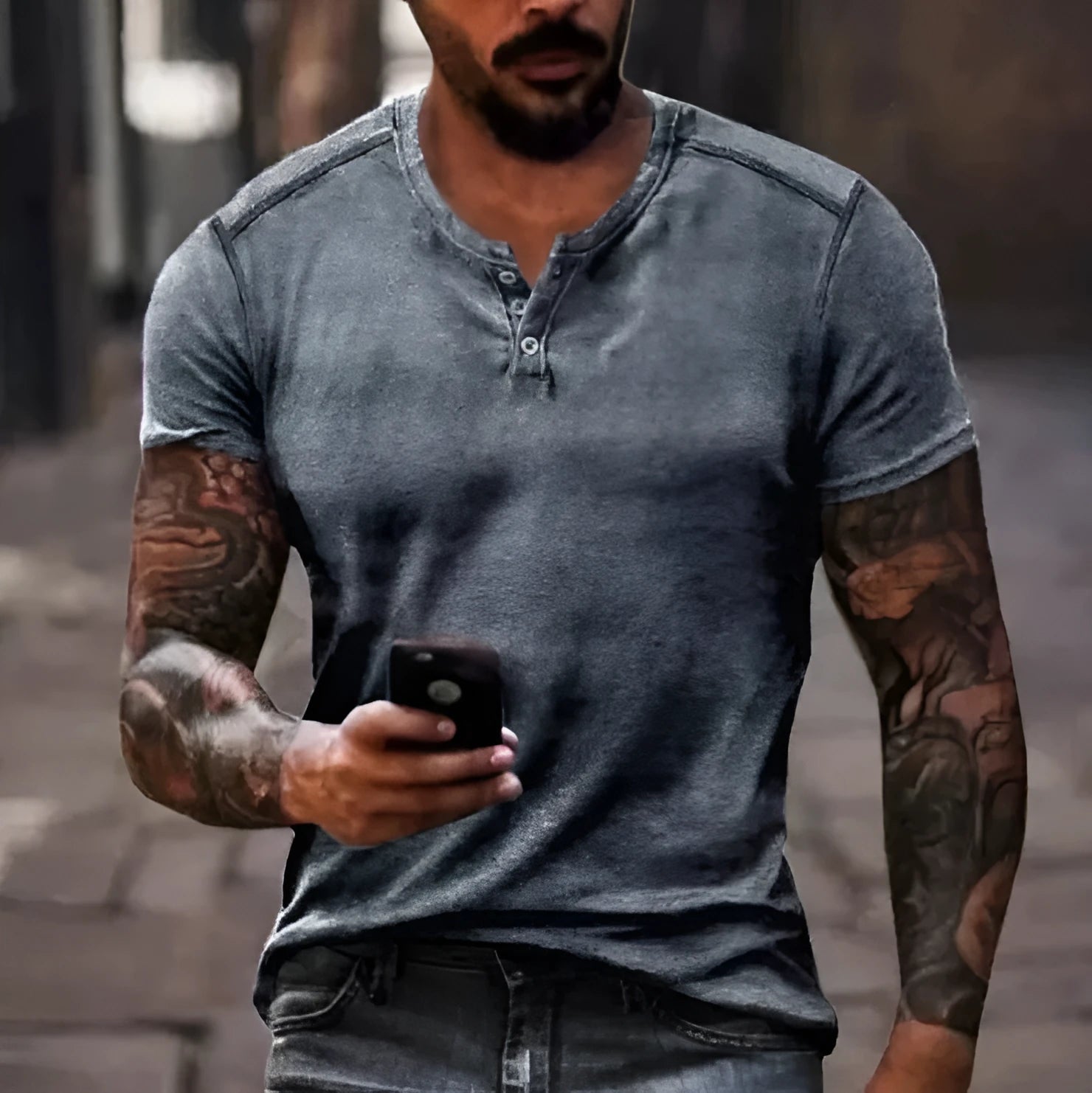 Men's simple lapel button short sleeve sport shirt in polyester bird eye cloth, shown in a neutral colour.