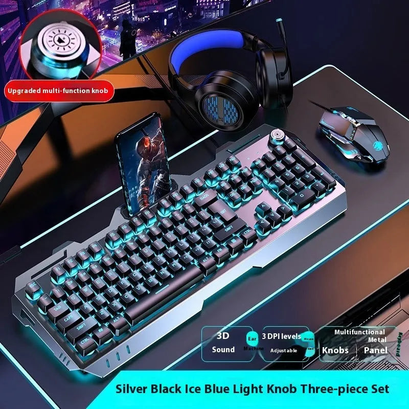 Aluminium alloy mechanical gaming keyboard with rainbow lighting, shown with a macro mouse and gaming headset.