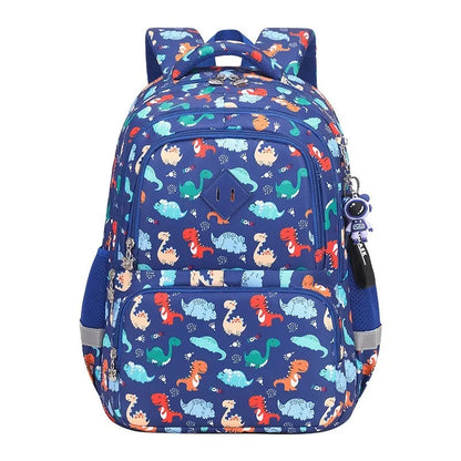 Blue children's school backpack with dinosaur pattern, showing curved shoulder straps and front pocket.