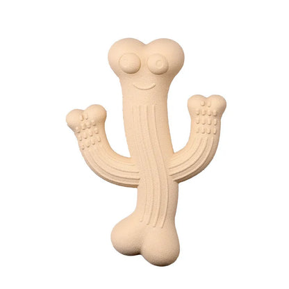 Beige, blue or purple cactus-shaped dog chew toy made from bamboo fibre and rubber on a white background.