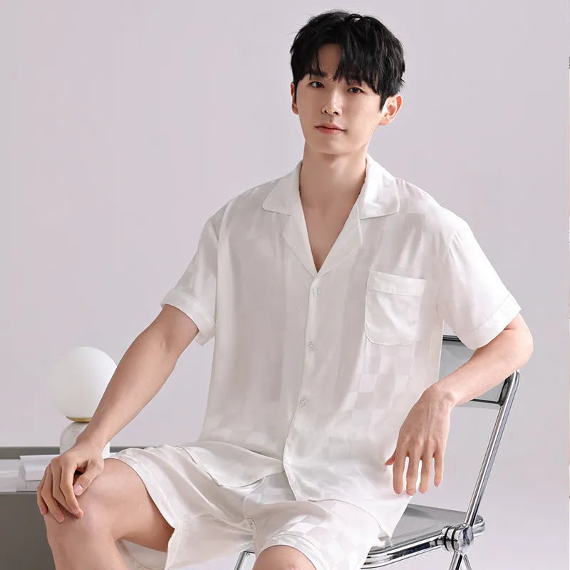 Men's lightweight ice silk pyjama set with cardigan top and short pants in satin jacquard pattern
