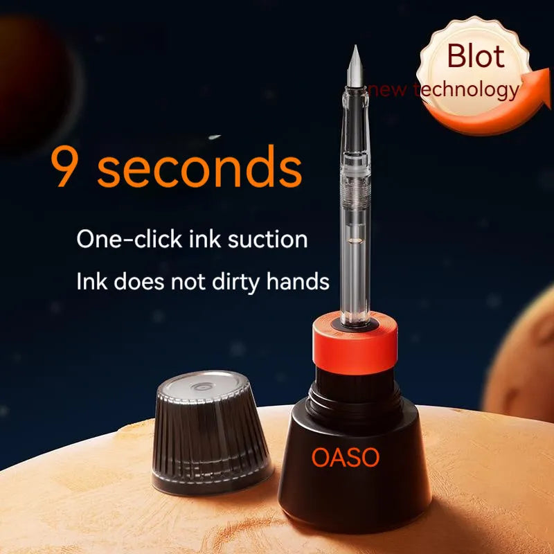 Student automatic suction pen set showing pen, ink feeder, and handbag with 0.38mm and 0.5mm nib options