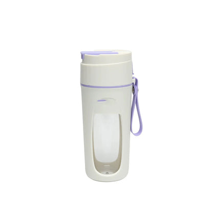 USB rechargeable portable blender cup with borosilicate glass liner in fresh orange, grass green, and light purple colours.