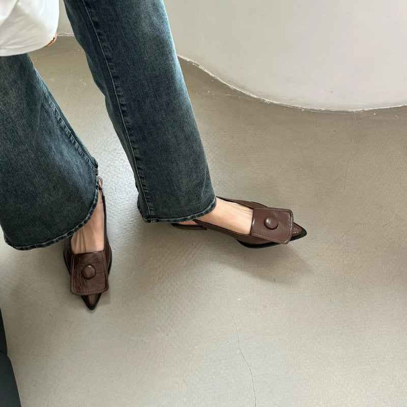Women's pointed toe low heel closed toe sandals with back strap available in black brown apricot and silver colours in EU sizes 35 to 40 made from PU upper material