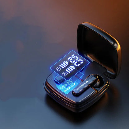 Wireless Bluetooth earphones in dark night black colour with semi-in-ear design and digital battery display