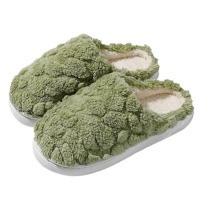 Unisex cartoon plush slippers with memory foam heels and anti-skid EVA soles in pink, green, beige, gray and brown